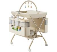 Morlinca Baby Changing Table,Foldable Baby Changing Unit with Wheels,4 in 1 Nursery Station,Storage Basket & Rail,Space-Saving,for Changing Clothes and Diapers,Beige
