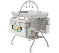 Morlinca Baby Changing Table,Foldable Baby Changing Unit with Wheels,4 in 1 Nursery Station,Storage Basket & Rail,Space-Saving,for Changing Clothes and Diapers,Grey