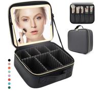 MORMID Travel Makeup Bag With LED Mirror,Travel Makeup Organizer,Makeup Case with 3 Color Lighted Setting Mirror,Portable Storage and Adjustable Dividers Makeup Box, Black, 10.4"x 9.1"x 4.6"