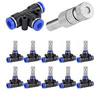 Mornajina 20 Pcs Brass Misting Nozzles Mister Replacement Nozzles & 1/4" Water Misting Nozzle Tees Kit, 0.012"/0.3mm Orifice Misting System Heads Sprayer for Outdoor Cooling System, High Pressure