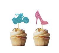 Morndew 24 PCS Glitter Wheels or Heels Cupcake Toppers for Gender Reveal Party Baby Shower Birthday Party Decorations - Boy or Girl - He or She