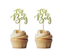 Morndew 24PCS Oh Boy Gold Glitter Birthday Cupcake Toppers for Baby First Birthday Baby Shower Decoration