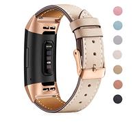 Mornex Strap Compatible Fitbit Charge 3 Strap/Charge 3 SE Leather Band, Classic Adjustable Replacement Wristband Fitness Accessories Metal Connectors,Rose Gold-Beige