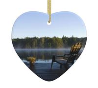 Morning At The Lake Christmas Ceramic Heart Ornament,Double-Sided Printed White Porcelain Hanging Decoration With Gold String For Xmas Tree,Home,Shop,Holiday Decor