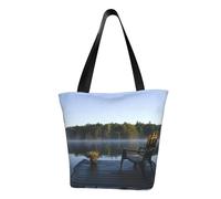 Morning At The Lake Fashion Canvas Tote Bag With All Over Print Design,Large Reusable Shopper Tote With Double Handles,Beach Tote, Weekend Bag