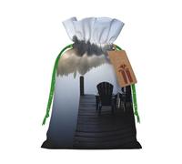 morning at the lake Printed Christmas Drawstring Bags,M | Reusable Xmas Gift Storage Bags, Green Christmas Ribbon