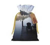 morning at the lake Printed Christmas Drawstring Bags,M | Reusable Xmas Gift Storage Bags, Yellow Christmas Ribbon