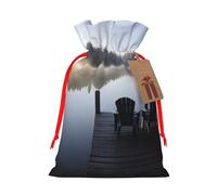 morning at the lake Printed Christmas Drawstring Bags,S | Reusable Xmas Gift Storage Bags, Red Ribbon