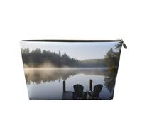 Morning at The Lake Prints PVC Leather Travel Toiletry Bag with Gold Zippers, Waterproof Cosmetic Organiser for Makeup, Toiletries & Essentials