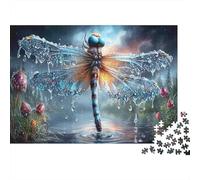 Morning Dew Dragonfly 1000 Piece Paperboard Jigsaw Puzzle Educational Brain Challenge for Kids Learning Blue Insect Water Scene Puzzle for Children Brain Training Beginners 38x26cm/1000pcs