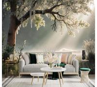 Morning Light Filtering Through The Leaves Onto A Mist Shrouded Meadow Natural Landscape Modern 3D Wallpaper Premium Textured Silk Neutral Tones Material Ideal for Living Room Bedroom-350cm×256cm