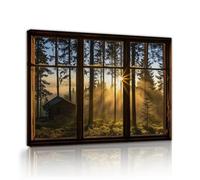 Morning Light Through the Pines Wall Art Forest Cabin View Through Rustic Wooden Window Canvas Print for Cozy Bedroom Zen Study Poster Innerframe 20x28cm