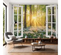 Morning Light Wildflowers Window View Wall Murals 350x256cm Mural Wallpaper Spring Flower Forest Wall Art Large Format Digital Print for Bedroom Living Room Tv Background Wall Decoration, Yellow-Green