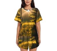 Morning Sunlight in Wilderness Print women's casual round neck short sleeve pajama set,Relaxed Lounge Sets(S-4XL), Black, 4XL