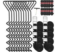 MorningRo 10 Sets Trampoline Stakes Heavy Duty Metal Spiral Screw Ground Anchors with T-Hooks Including Straps and Ropes Trampoline Parts Accessories for Swing Shed Tent Mobile Home