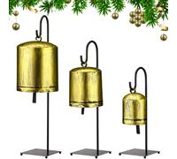 MorningRo 3 Pcs Christmas Cow Bells with Metal Stands Giant Metal Cow Bells with Velvet Ribbon Farmhouse Country Table Decor Classic Brass Antique Country Decor Gift for Xmas Table Window
