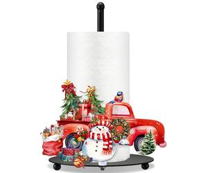MorningRo Christmas Paper Towel Holder Red Truck Countertop Kitchen Decor and Accessories Black Metal Farmhouse Large Tissue Stand Gifts for Christmas Party, 3D Hand Painting Pattern, Weighted Base
