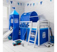 Moro Cabin Bed with Slide, Blue Cotton Tent, Tower & Tunnel - White Finish, Solid Pine Midsleeper with Underbed Storage