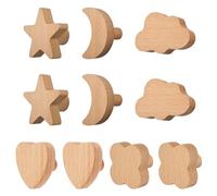 MOROBOR 10pcs Natural Beech Wood Handles, Moon, Cloud, Star, Heart, Four-Clover Shape Handles Wood Hooks for Children's Room Decoration Cabinet Knobs Hooks