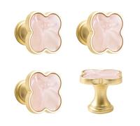 MOROBOR 4 PCS Four-Leaf Clover Handle, Creative Cabinet Drawer Pulls Multifunctional Single Hole Zinc Alloy Knobs for Dresser Wardrobe Door Furniture Accessories/Gold Base with Pink Surface