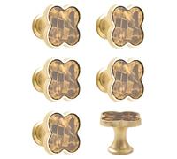 MOROBOR 6 PCS Four-Leaf Clover Handle, Creative Cabinet Drawer Pulls Multifunctional Single Hole Zinc Alloy Knobs for Dresser Wardrobe Door Furniture Accessories/Gold Base with Aurora Brown Surface