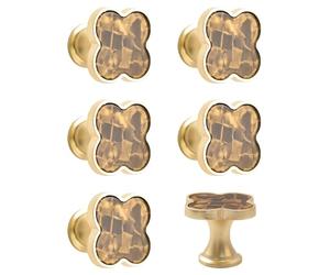 MOROBOR 6 PCS Four-Leaf Clover Handle, Creative Cabinet Drawer Pulls Multifunctional Single Hole Zinc Alloy Knobs for Dresser Wardrobe Door Furniture Accessories/Gold Base with Aurora Brown Surface