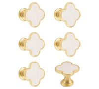 MOROBOR 6PCS Four-Leaf Clover Handle, Creative Cabinet Drawer Pulls Multifunctional Single Hole Zinc Alloy Knobs for Dresser Wardrobe Door Furniture Accessories/Gold Base with White Surface