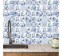 MOROBOR Blue and White Peel and Stick Backsplash, 30 Sheets Retro Rustic Tile Stickers Waterproof PVC Wall Decals for Kitchen & Bathroom (4x4)