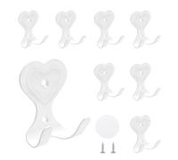 MOROBOR Decorative Wall Hooks, 8 Pcs Heart-Shaped Coat Hanger Vintage Wreath Hangers Rustic Double Hook with Stickers and Screws for Hanging Clothes Keys Hats Towels Purse/White
