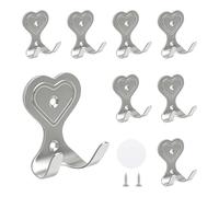 MOROBOR Decorative Wall Hooks, 8 Pcs Heart-Shaped Coat Hanger Vintage Wreath Hangers Rustic Double Hook with Stickers and Screws for Hanging Clothes Keys Hats Towels Purse/Silver