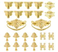 MOROBOR Gold Jewelry Box Antique Lock Latch Hasp Hinges Handle Corner Protectors Kit for DIY 2 Sets Wood Case Chest Storage Boxes Feet Leg Corner Protector Hinge Set Box not Included