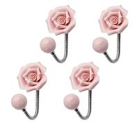 MOROBOR Pink Flower Ceramic Wall Coat Hook，4pcs 3D Rose-Shaped Chrome Decorative Robe Hook Decorative Flower Wall Mounted Hooks for Hanging Scarf, Bag, Towel, Hat