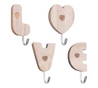 MOROBOR Self Adhesive Wooden Wall Hooks, 4pcs Wall Mounted Love Pattern Decorations Hooks No-Nail Hooks Children's Coat Hooks for Towels Backpacks Hats and Coats