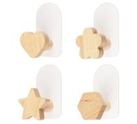 MOROBOR Self Adhesive Wooden Wall Hooks, 4pcs Wall Mounted Natural Theme Decorations Hooks Children's Coat Hooks Cartoon Wood Hooks for Towels, Backpacks, Hats and Coats