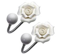 MOROBOR White Flower Ceramic Wall Coat Hook,2pcs 3D Rose-Shaped Chrome Decorative Robe Hook Decorative Flower Wall Mounted Hooks for Hanging Scarf, Bag, Towel, Hat