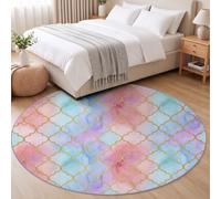 Moroccan Argyle Round Kids Rug for Bedroom Nursery 60 cm | Quatrefoil Motif Machine Washable Circle Area Rug, Multicoloured Soft Non-Slip Round Carpet for Living Room Playroom