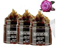 Moroccan Black Soap Bar with Argan Oil Rose, 200g Exfoliating Soap for Body Scrub, Deep Cleansing, Moisturizing Gentle Skin Polish,makes it smooth and delicate (3PCS)