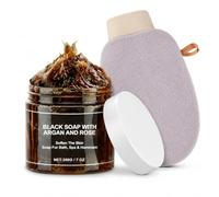 Moroccan Black Soap with Exfoliating Glove, 200g Hammam Body Scrub with Argan & Rose, Deep Cleansing Body Soap for Bath & Shower, Soft Smooth Skin Care Set
