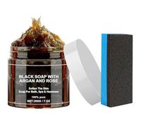 Moroccan Black Soap With Sponge Wipe, 200g African Black Soap Bar With Argan And Rose, Exfoliating For Shower, Moisturising Soap Deep Cleaning for Whole Body (1)