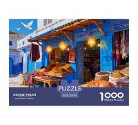 Moroccan Blue City Market Wooden Jigsaw Puzzle Waterproof 1000 Piece Puzzles for Adults Colourful Challenging Games