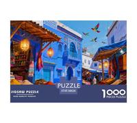 Moroccan Blue City Market Wooden Jigsaw Puzzle Waterproof 1000 Piece Puzzles for Adults Fun Challenging Games