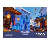 Moroccan Blue City Market Wooden Jigsaw Puzzle Waterproof 1000 Piece Puzzles for Adults Gifts Fun Educational Games