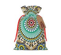 (Moroccan Color Pattern) Christmas Burlap Gift Bags, Eco-Friendly Polyester Drawstring Pouches For Holiday, Birthday & Party Gift Packaging M