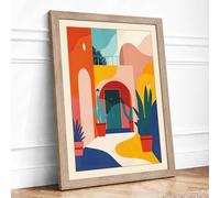 Moroccan Courtyard Modern Framed Wall Art Print A2 (59.4×42cm) Oak, Wall Decor for Living Room, Bedroom, Office & Home, Ready to Hang, Art Gift