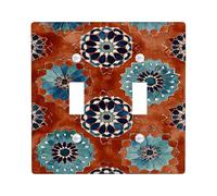 Moroccan Floral Light Switch Cover Plates/Outlet Covers, Teal and Rust Colorful Patterns for Home Decor, Thermoplastic Wall Plates, Standard Size Double Toggle