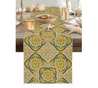 Moroccan Floral Pattern Table Runner 60 Inches Long, Retro Brown Yellow Flower Bohemian Country Washable Table Runners Heat-Insulation Kitchen Dining Table Decorations for Home Party Decor, 13"x60"