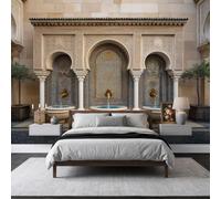 Moroccan Fountain Mural Wallpaper, Non-Woven Wall Mural Decoration 200 x 140 cm, Mediterranean Courtyard Beige Paper Poster for Bedroom Playroom Teen Hallway Home Decoration Wallpaper