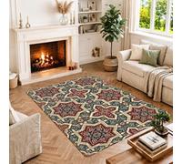 Moroccan Geometric Star Pattern Area Rug 4' X 6' | Moroccan Tile Motif, Intricate Geometric Shapes, Deep Red And Cream Accents, Traditional Art Style, Versatile Floor Covering