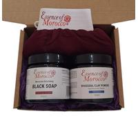 Moroccan Hammam Gift Set: Exfoliating Kessa Glove Mitt, Natural Eucalyptus and Olive Oil Black Soap Scrub Savon Noir, Rhassoul Clay Powder. Helps Deep Cleanse Skin Remove Fake Tan and Ingrown Hair