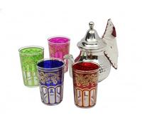 Moroccan Hammered Tea Set Medium: Silver Teapot with Integrated Filter and Teapot Holder, 4 Multicoloured Tea Glasses, Handmade in Morocco, Serving Mint Tea Gift Set